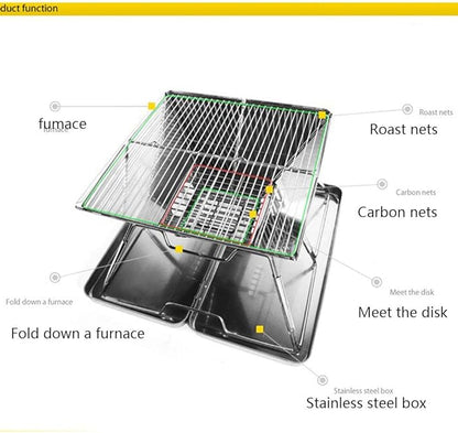 Portable BBQ Grill Folding Stainless Steel Griddle Barbecue Charcoal Grill Smoker Barbecue with Chrome Plated Cooking Grid for Table Camping Outdoor Garden Grill BBQ Utensil