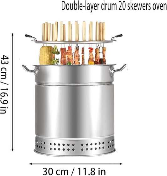 Charcoal BBQ Hanging Stove,Stainless Steel BBQ Grill Mesh Barrel with Kabob Skewers, Rolling Grilling Basket, Camping Barbecue Rack for Vegetables and Meat Carbon barbecue,20 strings