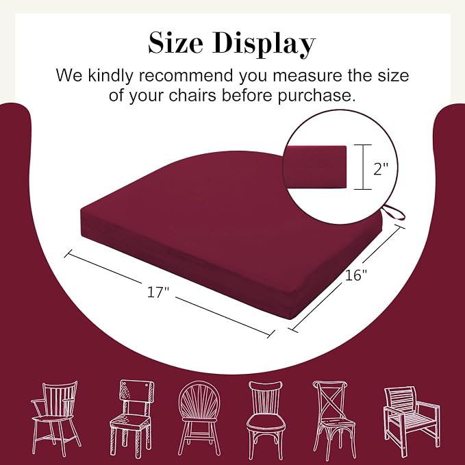 Cozyide Outdoor Chair Cushions, Waterproof Patio Seat Cushions with Adjustable Straps, Round Corner Patio Chair Cushions for Garden, Burgundy, 17x16x2 Inch (Pack of 2)