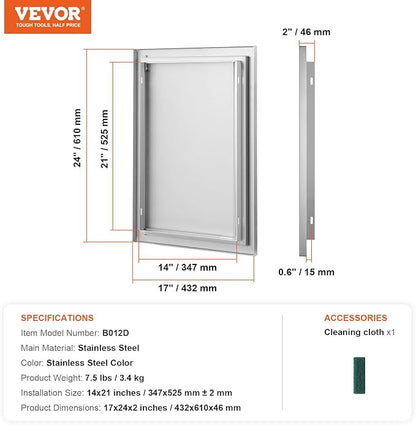 VEVOR BBQ Access Door, 17W x 24H Inch Single Outdoor Kitchen Door, Stainless Steel Flush Mount Door, Wall Vertical Door with Recessed Handle, for BBQ Island, Grilling Station, Outside Cabinet