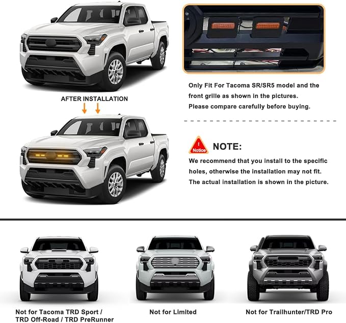 Grille Lights for Tacoma SR SR5 2024-2025, 4Pcs Clear Shell Amber LED Front Grill Light with Wire Harness and Fuse