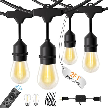 48FT Outdoor String Lights, Remote & Waterproof, Connectable | 2FT Spacing, Heavy Duty Commercial Grade, 18 AWG Cord, 24+2 Shatterproof Bulb, IP65, Timer & Dimmable, 2700K Warm White, Yard