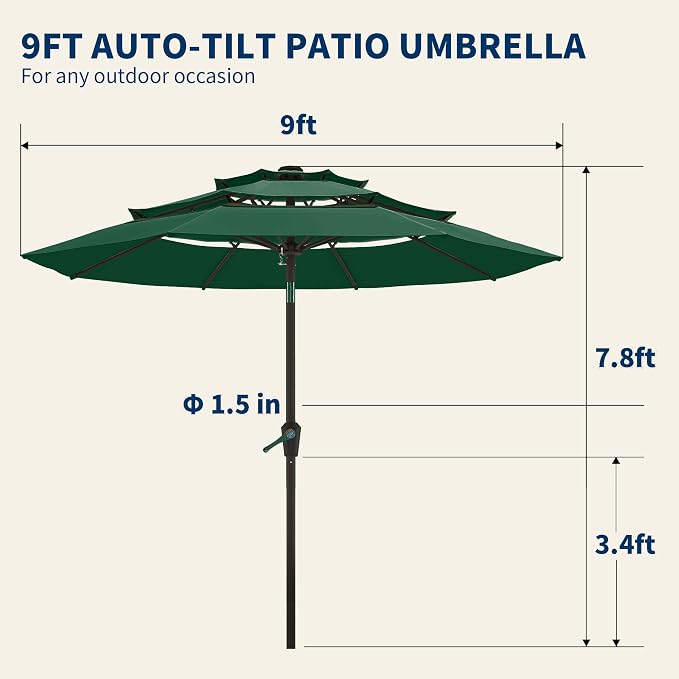9FT 3 Tiers Patio Umbrella With Auto Tilt And Crank, Outdoor Table Market Umbrella with 8 Sturdy Ribs for Garden, Lawn, Deck, Backyard and Pool