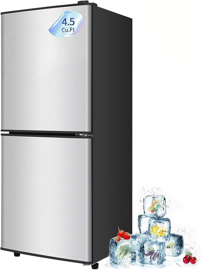 Compact Refrigerator with Freezer, 4.5 Cu. Ft. 2-Door Dorm Fridge, Silver | Compact Refrigerator 7-Level Adjustable Thermostat, Small Refrigerator with Freezer for Home, RV, Apartment, Office
