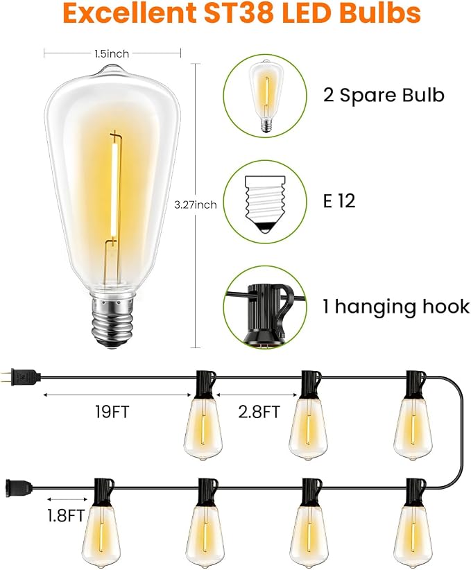 VOLIVO 200FT Outdoor String Lights for Patio, Waterproof Hanging Lights with 65+2 Shatterproof ST38 Edison Bulbs, Dimmable & Connectable Outside String Light for Backyard, Deck, Porch, Balcony