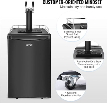VEVOR Beer Kegerator, Dual Tap Commercial Draft Beer Dispenser for D system, Full Size Keg Refrigerator with 5lbs CO2 Tank, Hold 2 Sixth / 2 Ball lock keg, Black