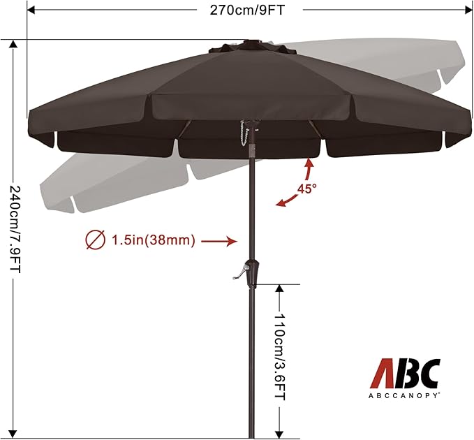 ABCCANOPY 9ft Scalloped Patio Umbrella, Outdoor Table Umbrella with Tilt and Crank, Fiberglass Ribs Deck Umbrella for Patio, Pool, Garden, Picnic (Coffee)