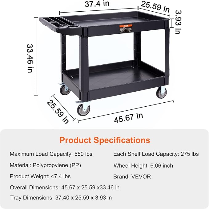 VEVOR Utility Service Cart 2 Shelf 550 lbs Heavy Duty Plastic Rolling Cart | Heavy Duty Utility Cart with 360° Swivel Wheels, Large Lipped Shelf, Ergonomic Storage Handle for Warehouse/Garage/Cleaning