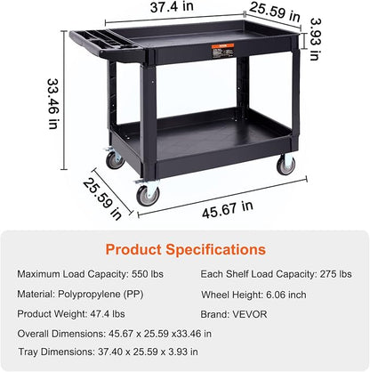 VEVOR Utility Service Cart 2 Shelf 550 lbs Heavy Duty Plastic Rolling Cart | Heavy Duty Utility Cart with 360° Swivel Wheels, Large Lipped Shelf, Ergonomic Storage Handle for Warehouse/Garage/Cleaning