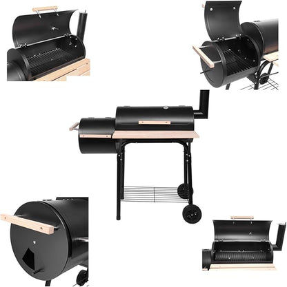 Charcoal Grills Outdoor, Oil Drum BBQ Grill Offset Smoker with Wheels Side Fire Box, Portable Barbecure Grill for Outdoor Cooking Backyard Camping Picnics BBQ Party, Black