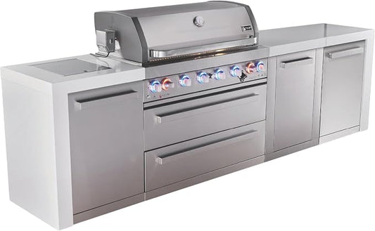 Mont Alpi Deluxe 119"W x 23"D x 46"H Stainless Steel Modular Outdoor Kitchen Island with Side Burner + 44"W 6-Burner BBQ Grill + White Granite Countertops & Sides + Storage Cabinets + Drawers + Cover
