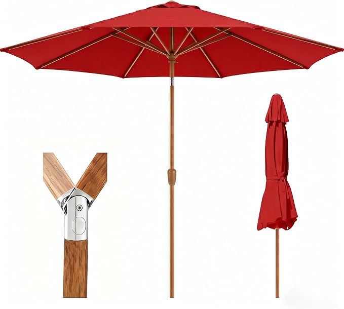 9ft Outdoor Patio Umbrella, Market Table Umbrella with Crank and Easy Push Button Tilt, Wood Grain Frame, UPF 50+ for Pool, Garden, Deck, Backyard