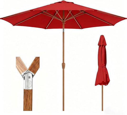9ft Outdoor Patio Umbrella, Market Table Umbrella with Crank and Easy Push Button Tilt, Wood Grain Frame, UPF 50+ for Pool, Garden, Deck, Backyard