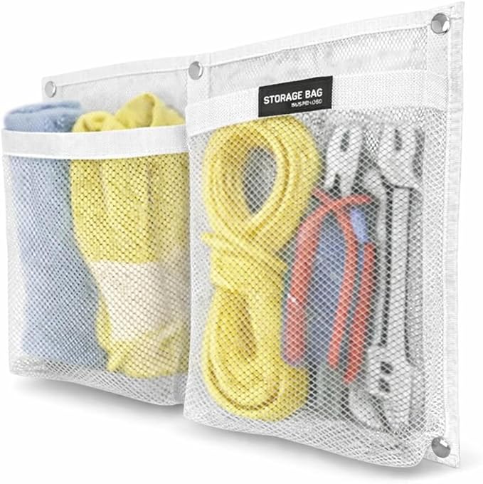 Marine Mesh Double Pocket Boat Gear Storage Bag, Polyester Boat Rope Storage Bag, Screw Snap Mount, (White, Large)