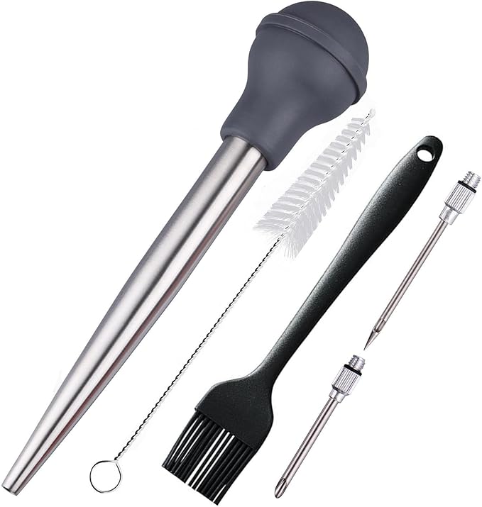 Turkey Baster, Baster Syringe for Cooking, Stainless Steel Baster with Marinade Injector Neddles &BBQ Brush & Cleaning Brush, Silicone Bulb, Stainless Steel Turkey Baster Set 5, Color Grey