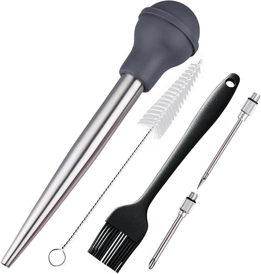 Turkey Baster Set of 5, Turkey Baster Syringe for Cooking, Meat Injector Baster &2 Needles&2 Cleaning Basting Brush, 18/8 Stainless Steel Baster for Flavor Meat Poultry, Beef&Chicken Grey