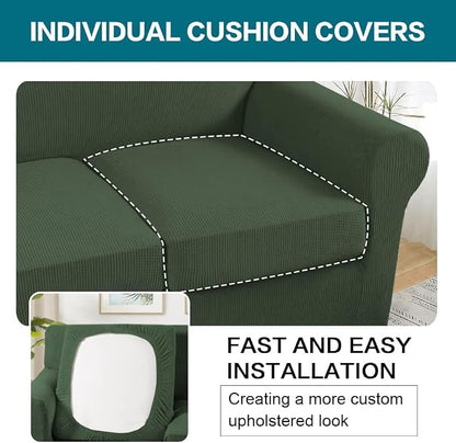 Turquoize 4 Piece Sofa Covers for 3 Cushion Couch Sofa Slipcover Soft Couch Cover for Dogs Washable Furniture Cover with 3 Individual Large Cushion Covers Feature Fabric (Large Sofa, Bronze Green)