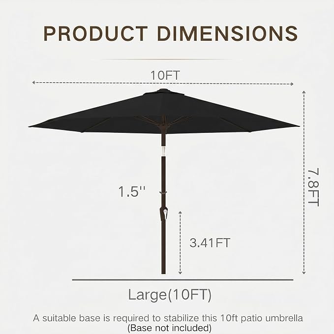 Kingdura 10FT Outdoor Patio Umbrella, Round Market Table Umbrella with Push‑Button Tilt and Crank Lift, 8 Sturdy Metal Ribs, UV50+ Protection Canopy for Backyard, Lawn, Deck, Poolside, Garden (Black)