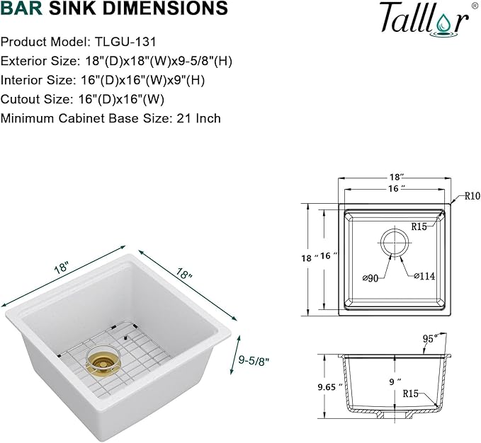 18x18 Inch Undermount Bar Sink Workstation - White Granite Composite All-In One Single Bowl Classic Quartz Wet Prep Sink with Cutting Board for Kitchen Bar, RV, Boat, and Outdoor #TLGU-131
