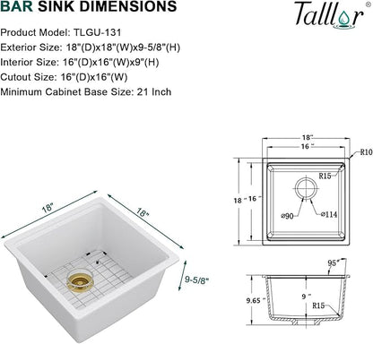 18x18 Inch Undermount Bar Sink Workstation - White Granite Composite All-In One Single Bowl Classic Quartz Wet Prep Sink with Cutting Board for Kitchen Bar, RV, Boat, and Outdoor #TLGU-131