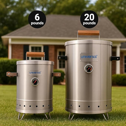 Universal Portable Charcoal Smoker (6 lb) Capacity, Stainless Steel Barrel Smoker Grill Combo, Vertical BBQ Smoker with Thermometer & Airflow Control, for Camping, Backyard, Tailgating