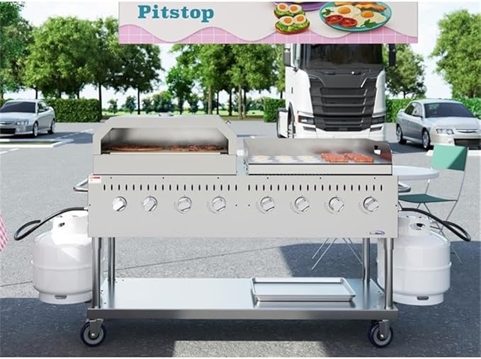 Pemberly Row 60" Commercial Outdoor Propane BBQ Grill with Pizza Oven Attachment, 8-Burner Stainless Steel Gas Grill