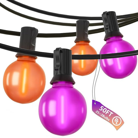 50ft Halloween Outdoor String Lights, G40 LED Halloween Globe Lights with 27 Frosted Orange and Purple Bulbs(2 Spare) for Outdoor Indoor Patio Yard Roofline Decorations, E12 Socket, Black Wire