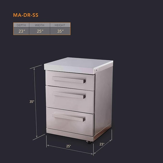 Mont Alpi 3-Drawer Soft-Close Stainless Steel Outdoor Kitchen Cabinet Module with White Granite Countertop - 25" W | 304 SS | MAi805 & MAi400
