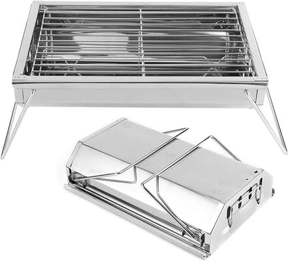 Folding Charcoal Grill Stainless Steel BBQ Tool for BBQs, Picnics, and Camping, Easy to Assemble and Clean, Outdoor Cooking Grill for Burgers, Fish, 13.1x8.9x3.1in, Silver