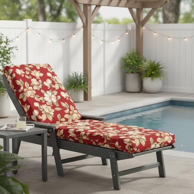 Modern Outdoor Chaise Lounge Cushion with Ties – Durable Polyester Fabric, Channel-Filled Polyfiber Insert, Removable Zippered Cover, Roma Floral