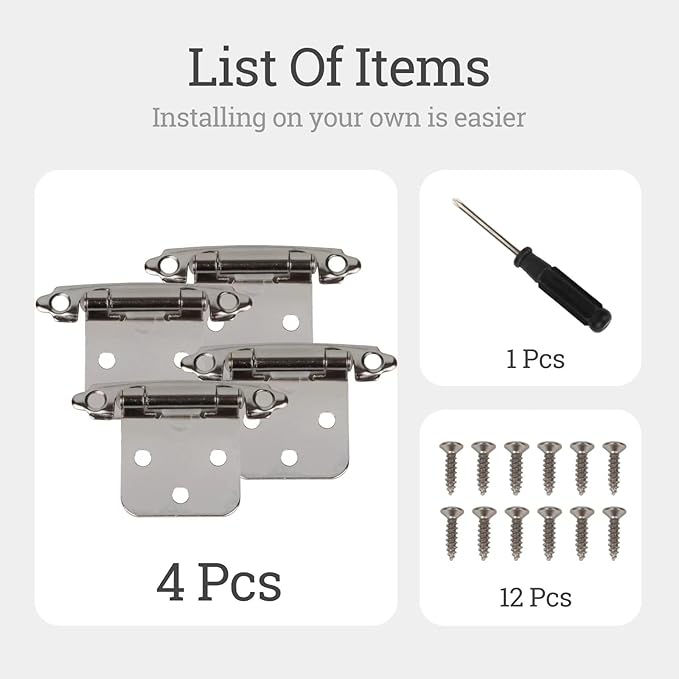 Steel Cabinet Cabinet Hinges (4 Pcs) Come with Screwdriver for recessed Kitchen Cabinet Doors semi-Concealed 1/2 Inch Overlay Cabinet Hinges Door Hinge