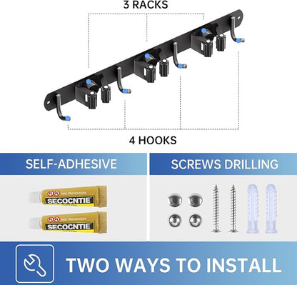 ZONGOOL 2 Pack Mop Broom Holder Wall Mount 3 Racks 4 Hooks Storage Black | 304 Rustproof Stainless Steel Broom Hanger, Non-Slip Wall Mount Organizer, Space Saving For Kitchen, Laundry, Garden
