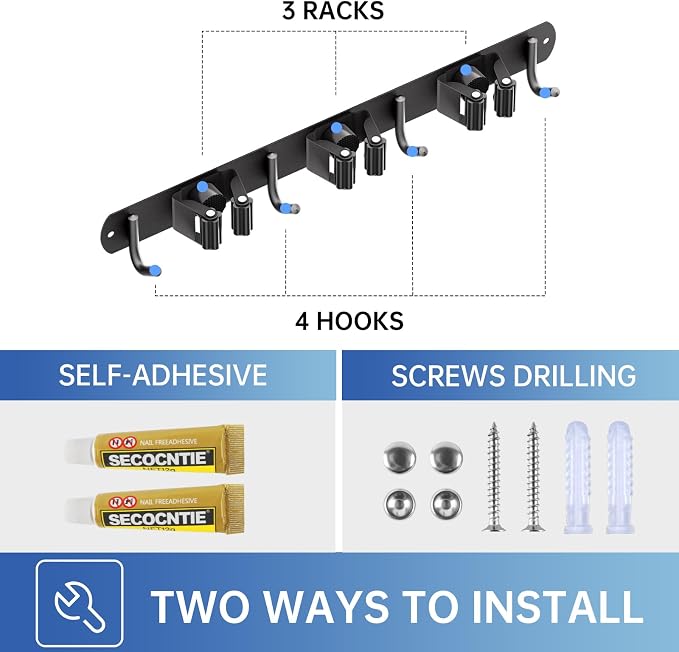 ZONGOOL Wall Mount Broom Holder 3 Racks 4 Hooks Metal Tool Organizer Black | 304 Rustproof Stainless Steel Broom Hanger, Non-Slip Wall Mount Organizer, Space Saving For Kitchen, Laundry, Garden