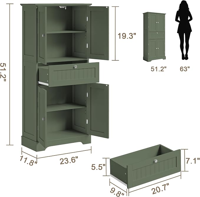 ChooChoo 51" H Bathroom Floor Cabinet with Drawers and Adjustable Shelves | Bathroom Storage Cabinet, Freestanding Kitchen Pantry Cupboard with 4 Doors for Living Room, Green