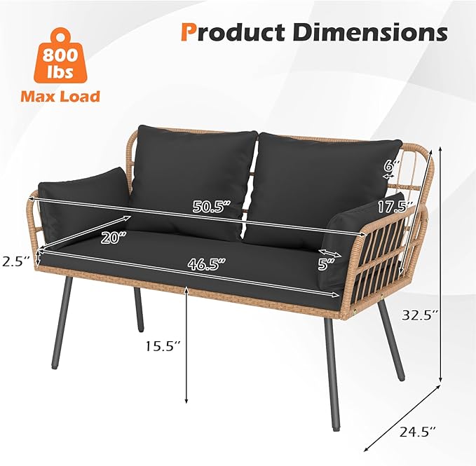 Tangkula Patio Wicker Loveseat, Outdoor 2-Seater PE Rattan Sofa with Pillows, Cushions, Metal Frame & Adjustable Foot Pads, 660 lbs Outside Couch for Porch, Backyard & Poolside (Black, 50.5" L)