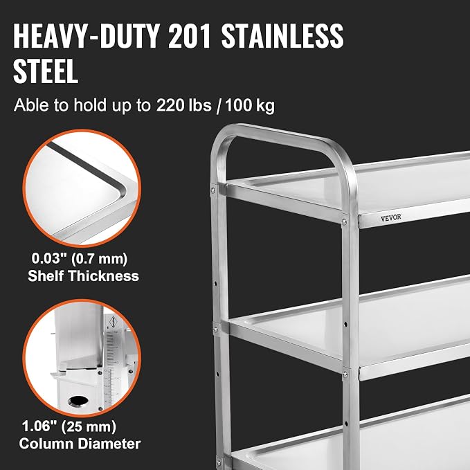 VEVOR Extra Large Utility Cart, 3 Tier Rolling Cart with Adjustable Shelf, Stainless Steel Kitchen Serving Cart with Swivel Casters Brake Wheels, Metal Food Storage Service Trolley, 37"L x 20"D x 37"H