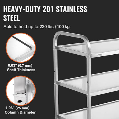 VEVOR Extra Large Utility Cart, 3 Tier Rolling Cart with Adjustable Shelf, Stainless Steel Kitchen Serving Cart with Swivel Casters Brake Wheels, Metal Food Storage Service Trolley, 37"L x 20"D x 37"H