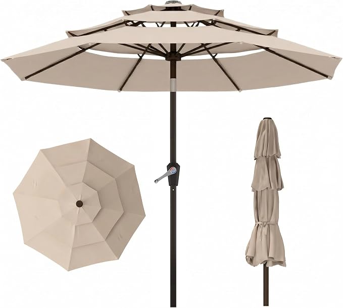 10ft 3 Tier Patio Umbrella, Outdoor Market Table Umbrella with UPF 50+ Vented Canopy, 8 Sturdy Ribs, Easy Push Button Tilt and Crank, Windproof for Deck, Pool, Backyard and Garden