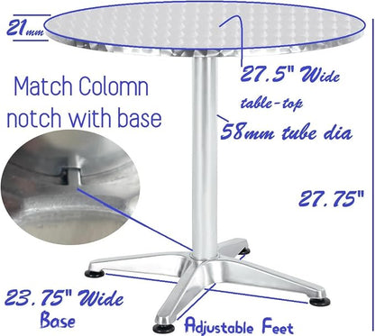 Gray Indoor Outdoor 23.75" Restaurant Stainless Steel Silver Aluminum + 2 Metal Slat Stack Commercial Lightweight, 2 Chairs with a Round Table