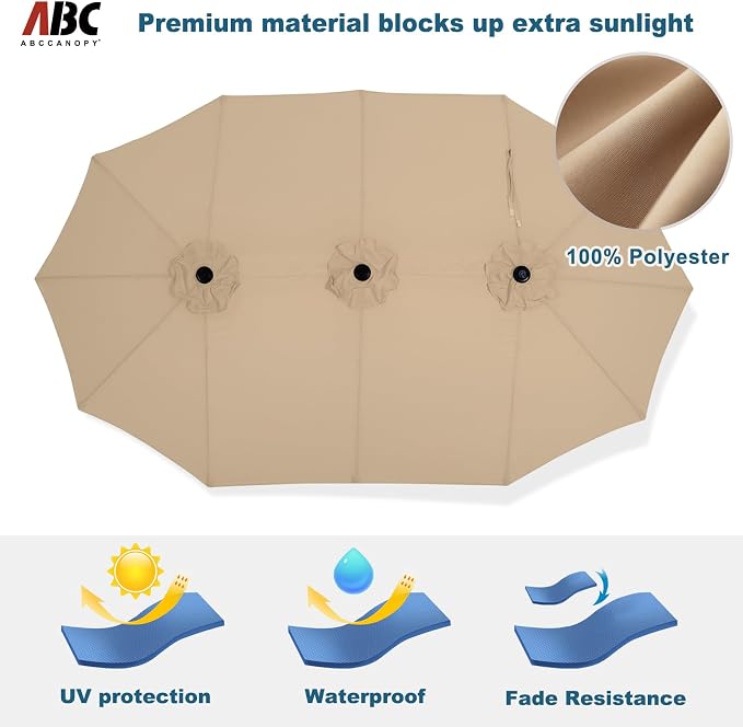 ABCCANOPY 15FT Double-Sided Rectangle Patio Umbrella with Base, Khaki | Rectangular Outdoor Table Umbrella with Crank, Heavy Duty Market Umbrella Shade for Garden,Poolside, Lawn, Backyard
