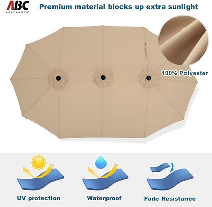 ABCCANOPY 15FT Double-Sided Rectangle Patio Umbrella with Base, Khaki | Rectangular Outdoor Table Umbrella with Crank, Heavy Duty Market Umbrella Shade for Garden,Poolside, Lawn, Backyard