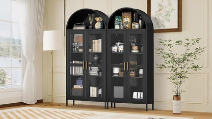 PioneerWorks 73" Arched Metal Storage Cabinet with Glass Door | 2 Adjustable Shelves | Arch-Top Storage Unit for Pantry, Living & Dining Rooms - Dark Black with Legs