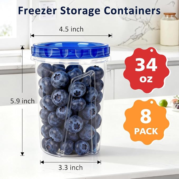 8 Pack 34oz Soup Freezer Storage Containers with Twist Lids for Meal Prep | BPA-Free Reusable Plastic, Quart Food Containers with Screw on Lids for Soup, Broth, Chili, Stew, Leftovers, Freezer Storage