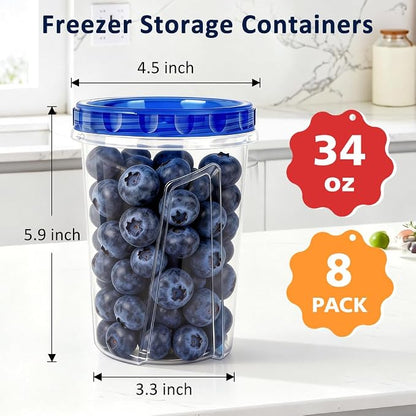 8 Pack 34oz Soup Freezer Storage Containers with Twist Lids for Meal Prep | BPA-Free Reusable Plastic, Quart Food Containers with Screw on Lids for Soup, Broth, Chili, Stew, Leftovers, Freezer Storage
