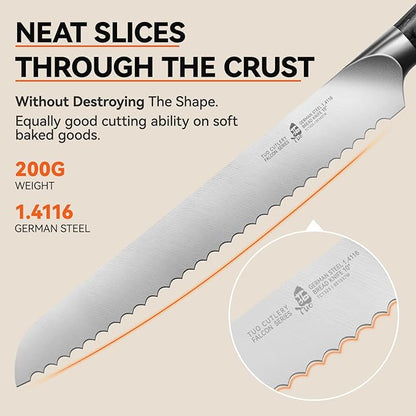 TUO Bread Knife, 10 inch Upgraded Serrated Knife for Homemade Sourdough Bread, High Carbon German Steel with Ergonomic Handle, Gift Box - Falcon Series