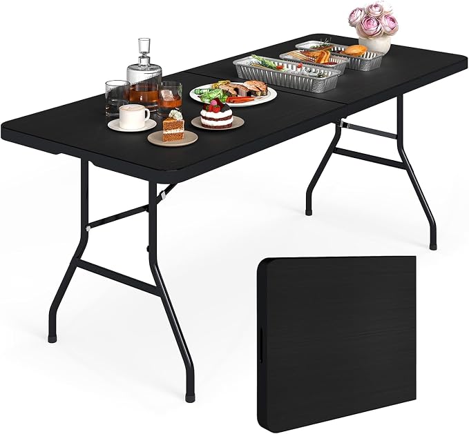 Giantex Folding Picnic Table, 6FT Portable Foldable Tables for Party BBQ, Metal Legs, HDPE, Outdoor Indoor Camping Table with Handle, No Assembly (Black)