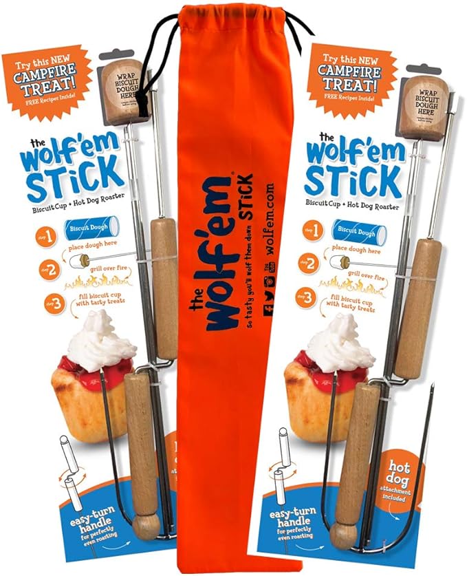 Wolf'em Marshmallow Roasting Stick - Multiple Cooking Attachments - Campfire Pie, S'More, and Hot Dog BBQ Roaster | Easy Spin Handles…