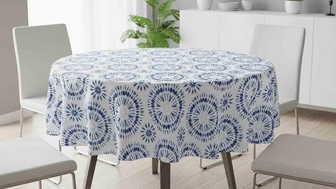 Newbridge Blue Tie Dye Vinyl Tablecloth, 70 Inch Round – Flannel Backed Blue and White Table Cover for Dining, Picnics, BBQs, and Parties