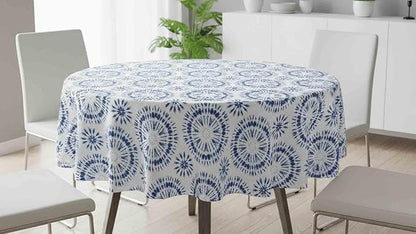 Newbridge Blue Tie Dye Vinyl Tablecloth, 70 Inch Round – Flannel Backed Blue and White Table Cover for Dining, Picnics, BBQs, and Parties