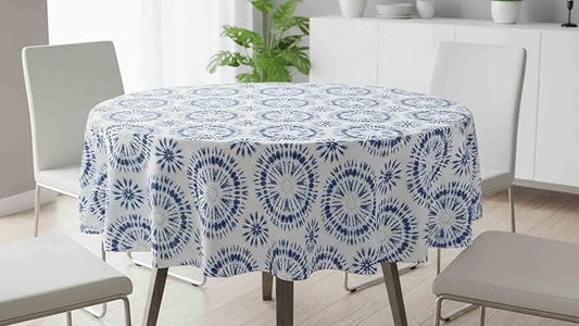 Newbridge Blue Tie Dye Vinyl Tablecloth, 70 Inch Round – Flannel Backed Blue and White Table Cover for Dining, Picnics, BBQs, and Parties